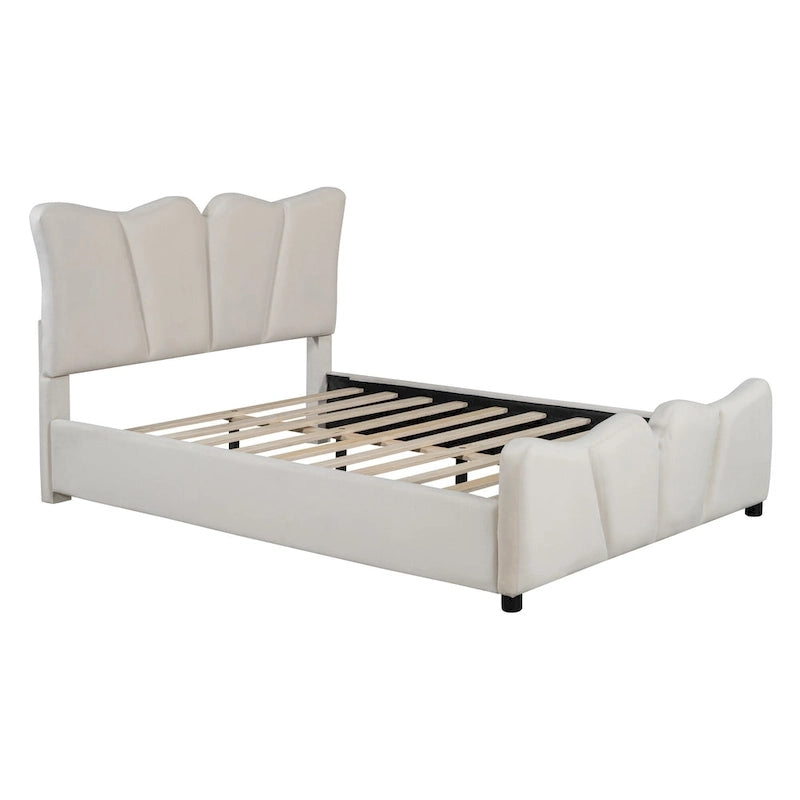 Beige Full Size Velvet Upholstered Platform Bed with Distinctive Headboard and Footboard