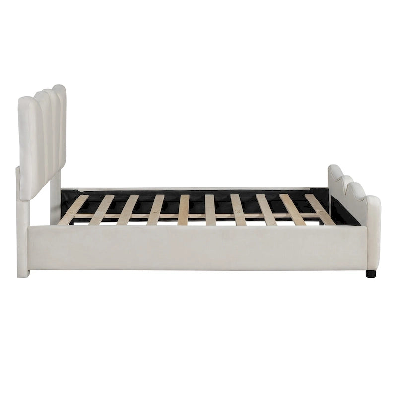 Beige Full Size Velvet Upholstered Platform Bed with Distinctive Headboard and Footboard