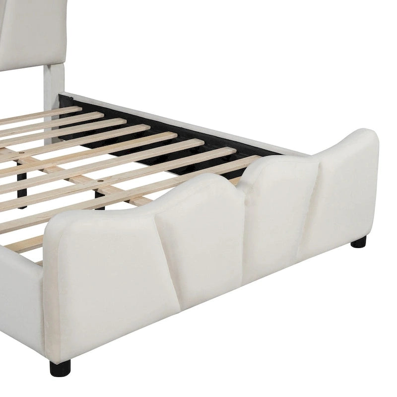 Beige Full Size Velvet Upholstered Platform Bed with Distinctive Headboard and Footboard