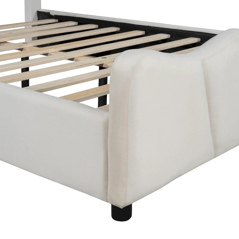 Beige Full Size Velvet Upholstered Platform Bed with Distinctive Headboard and Footboard