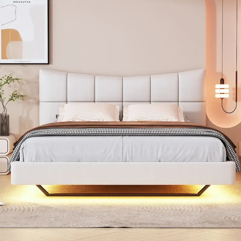 Upholstered Platform Bed (with LED Lights and U-Shaped Headboard)