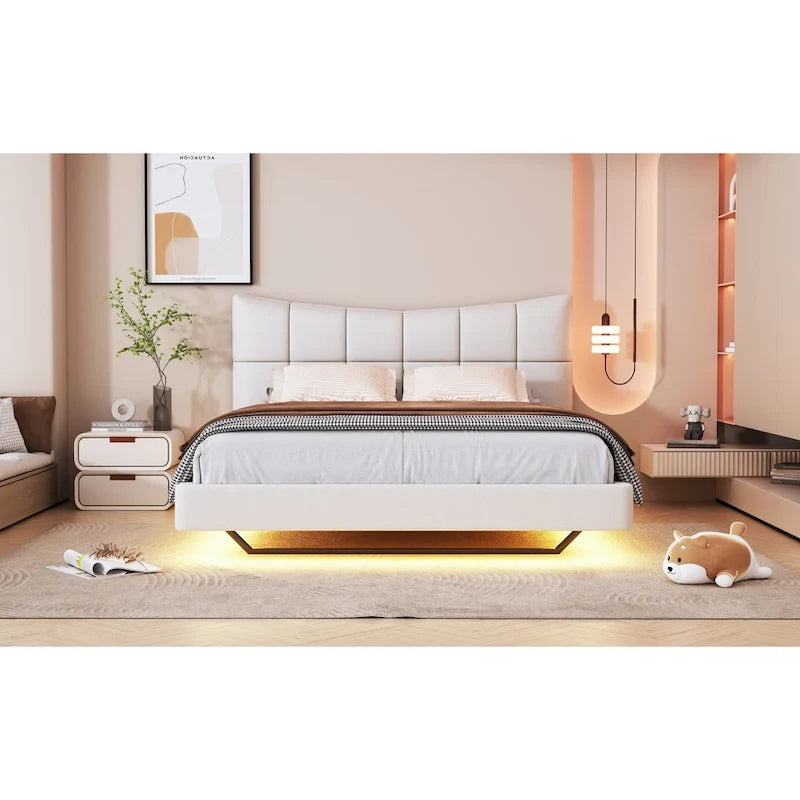 Upholstered Platform Bed (with LED Lights and U-Shaped Headboard)
