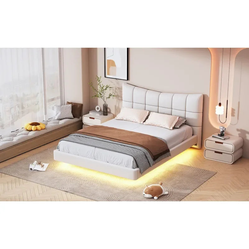 Upholstered Platform Bed (with LED Lights and U-Shaped Headboard)