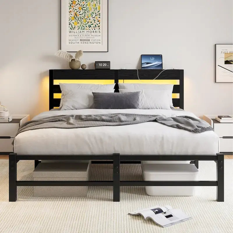 Black Queen Size Modern Metal Bed with Wooden Headboard, RGB Lights