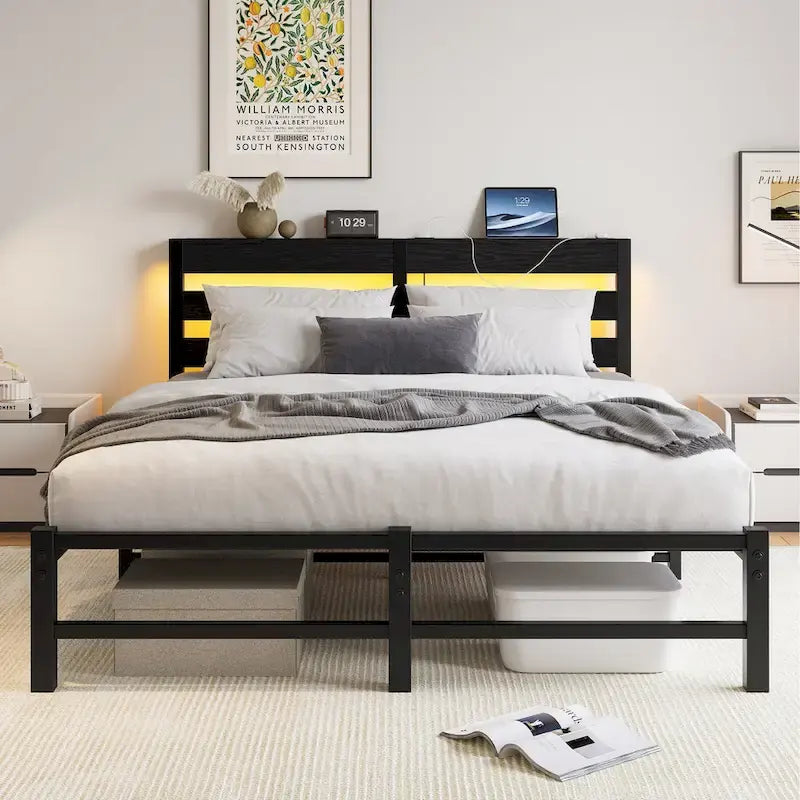 Black Queen Size Modern Metal Bed with Wooden Headboard, RGB Lights