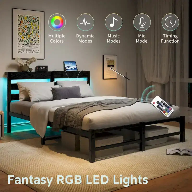 Black Queen Size Modern Metal Bed with Wooden Headboard, RGB Lights