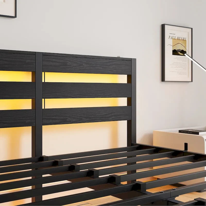 Black Queen Size Modern Metal Bed with Wooden Headboard, RGB Lights