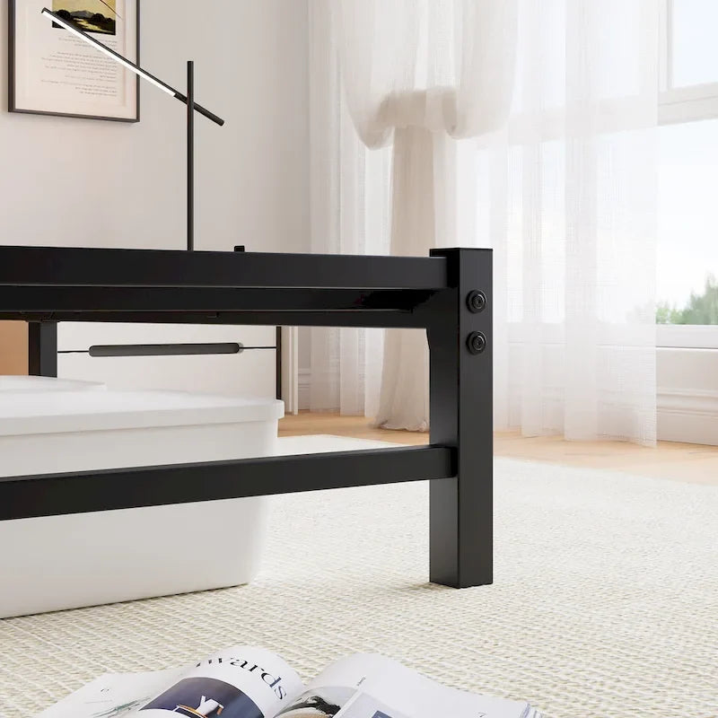 Black Queen Size Modern Metal Bed with Wooden Headboard, RGB Lights