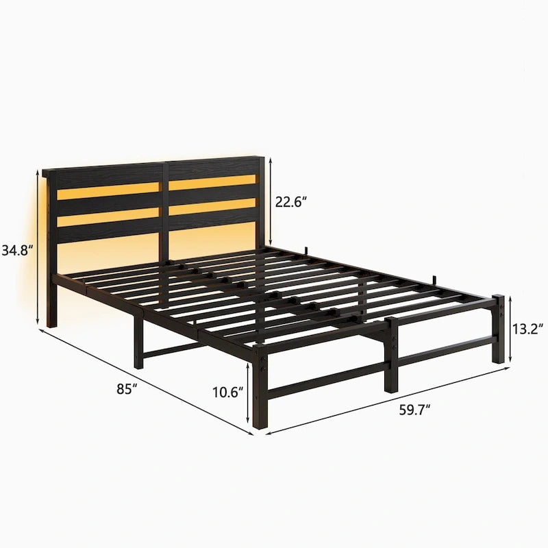 Black Queen Size Modern Metal Bed with Wooden Headboard, RGB Lights
