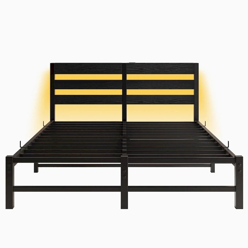Black Queen Size Modern Metal Bed with Wooden Headboard, RGB Lights
