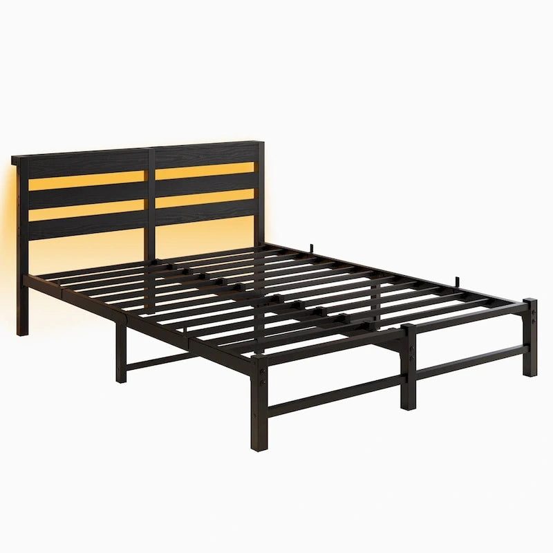 Black Queen Size Modern Metal Bed with Wooden Headboard, RGB Lights