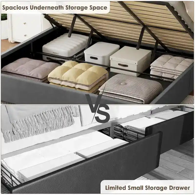 Gray Full Size Velvet Upholstered Platform Bed with Storage Space