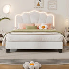 White Full Size Sherpa Upholstered Bed with Floral Headboard