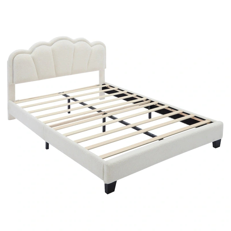 White Full Size Sherpa Upholstered Bed with Floral Headboard