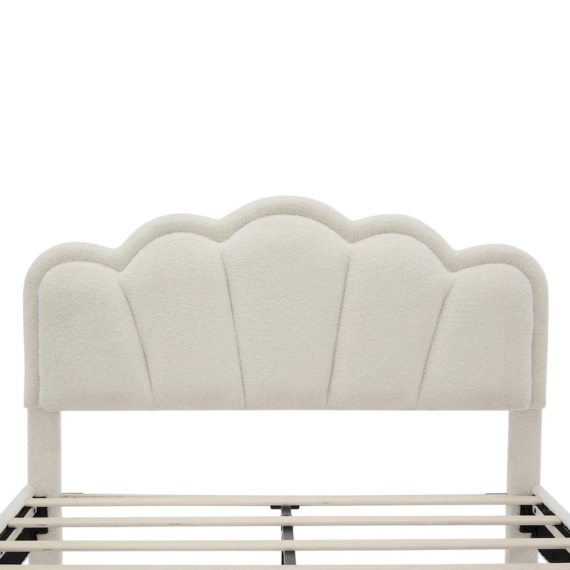 White Full Size Sherpa Upholstered Bed with Floral Headboard