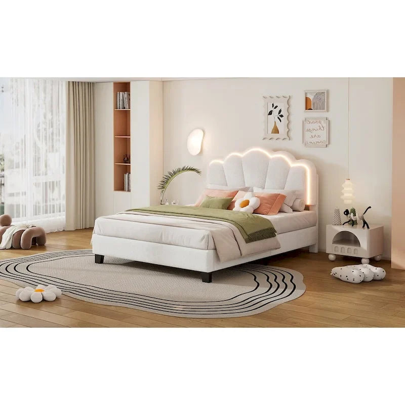 White Full Size Sherpa Upholstered Bed with Floral Headboard