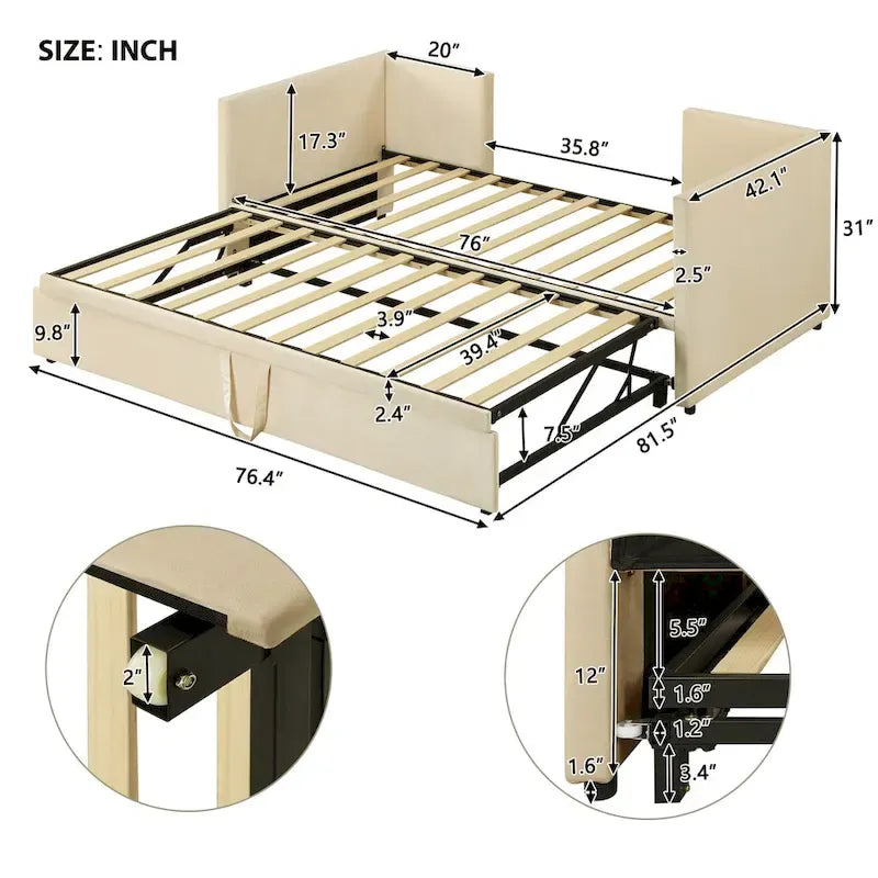 Beige Upholstered Twin Daybed with Pop-Up Trundle