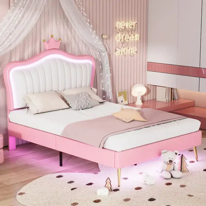 Pink Full Size LED Crown Headboard Platform Bed: Constructed with MDF, Plywood, PU, Metal, Bearing 600LBS