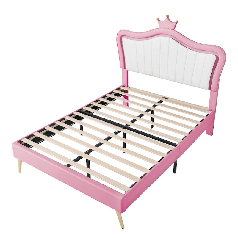 Pink Full Size LED Crown Headboard Platform Bed: Constructed with MDF, Plywood, PU, Metal, Bearing 600LBS
