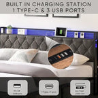 Grey King Bed with Storage Headboard