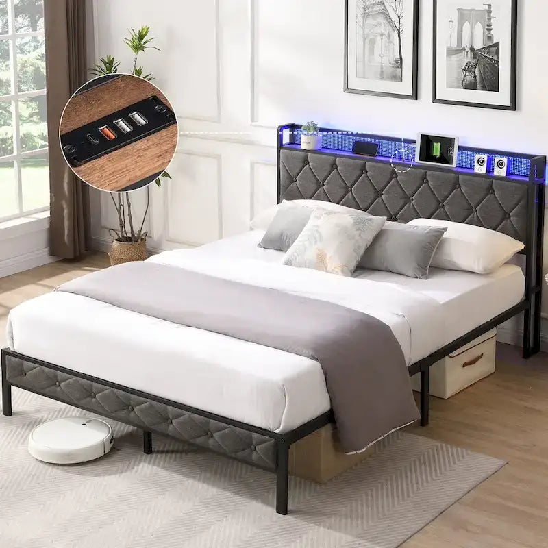 Grey Full Bed with Storage & LED