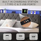 Grey Full Bed with Storage & LED