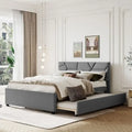Grey Queen Size Upholstered Platform Bed with Brick Pattern Headboard and Twin Size Trundle