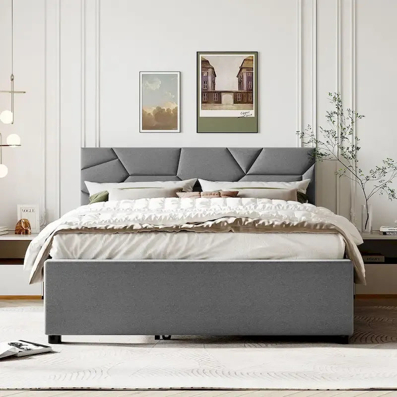Grey Queen Size Upholstered Platform Bed with Brick Pattern Headboard and Twin Size Trundle