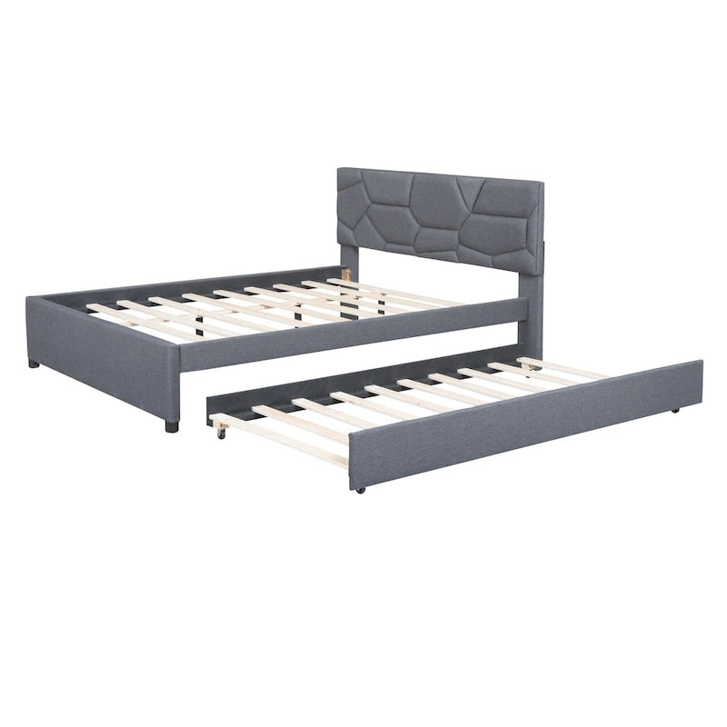 Grey Queen Size Upholstered Platform Bed with Brick Pattern Headboard and Twin Size Trundle