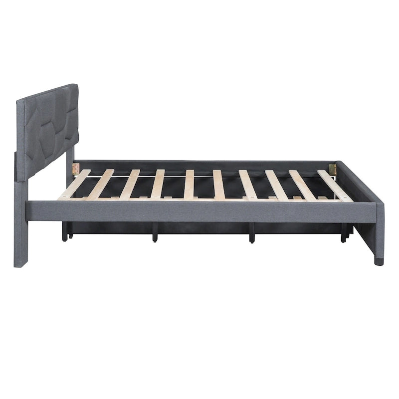 Grey Queen Size Upholstered Platform Bed with Brick Pattern Headboard and Twin Size Trundle