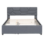 Grey Queen Size Upholstered Platform Bed with Brick Pattern Headboard and Twin Size Trundle