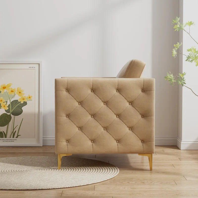 Khaki Modern 35.4 Upholstered Button Tufted Arm Chair with Metal Legs and Nailheads for Living Room