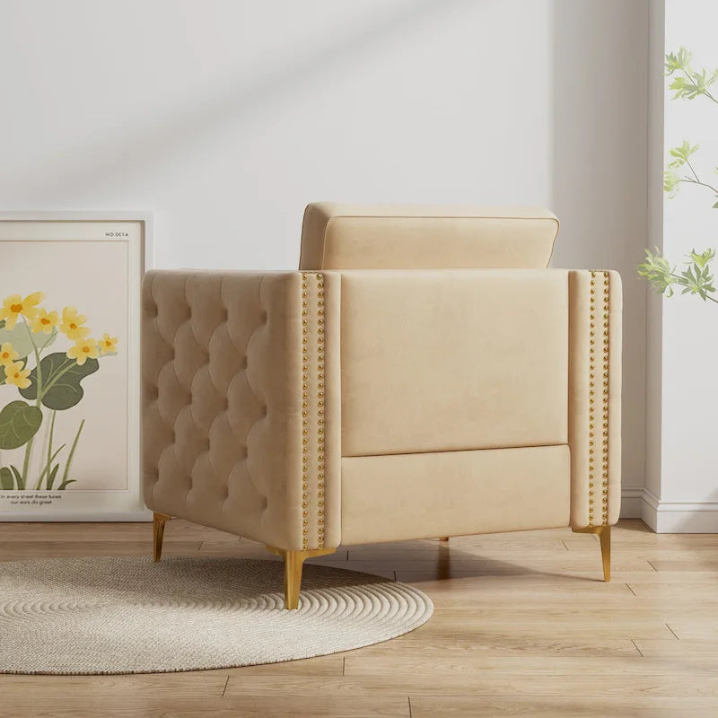 Khaki Modern 35.4 Upholstered Button Tufted Arm Chair with Metal Legs and Nailheads for Living Room