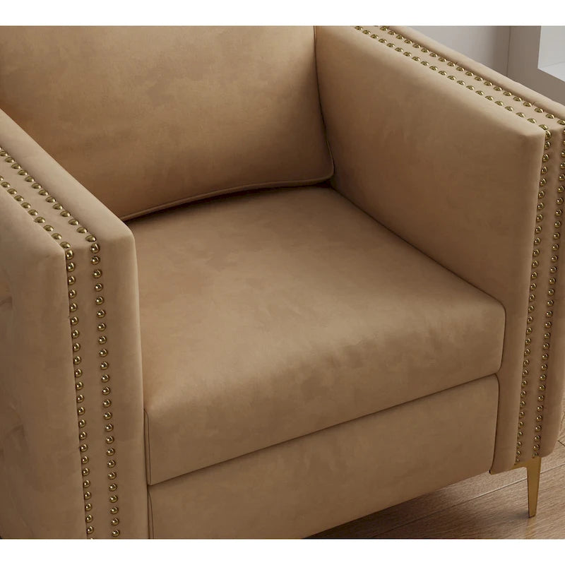 Khaki Modern 35.4 Upholstered Button Tufted Arm Chair with Metal Legs and Nailheads for Living Room