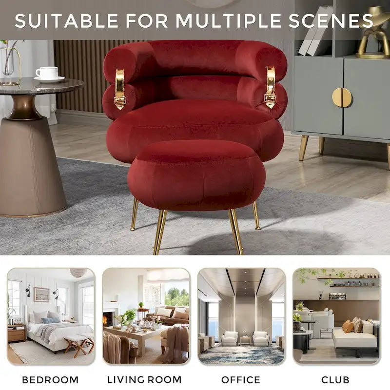Wine Red Modern 29.13 Upholstered Barrel Chair with Ottoman and Sturdy Metal Frame