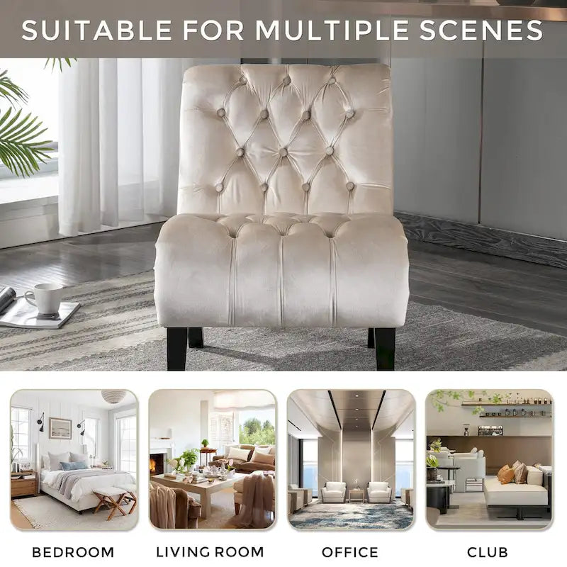 Beige 22.83 Buttons Tufted Accent Chair with Wooden Legs