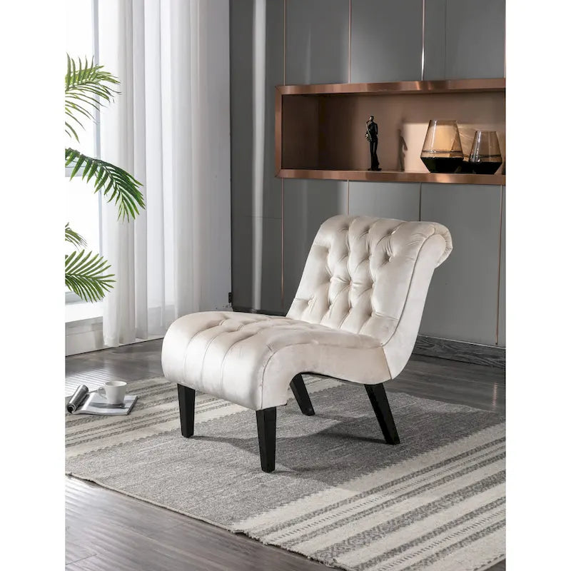 Beige 22.83 Buttons Tufted Accent Chair with Wooden Legs