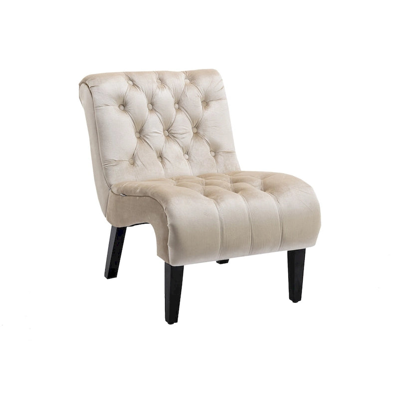 Beige 22.83 Buttons Tufted Accent Chair with Wooden Legs