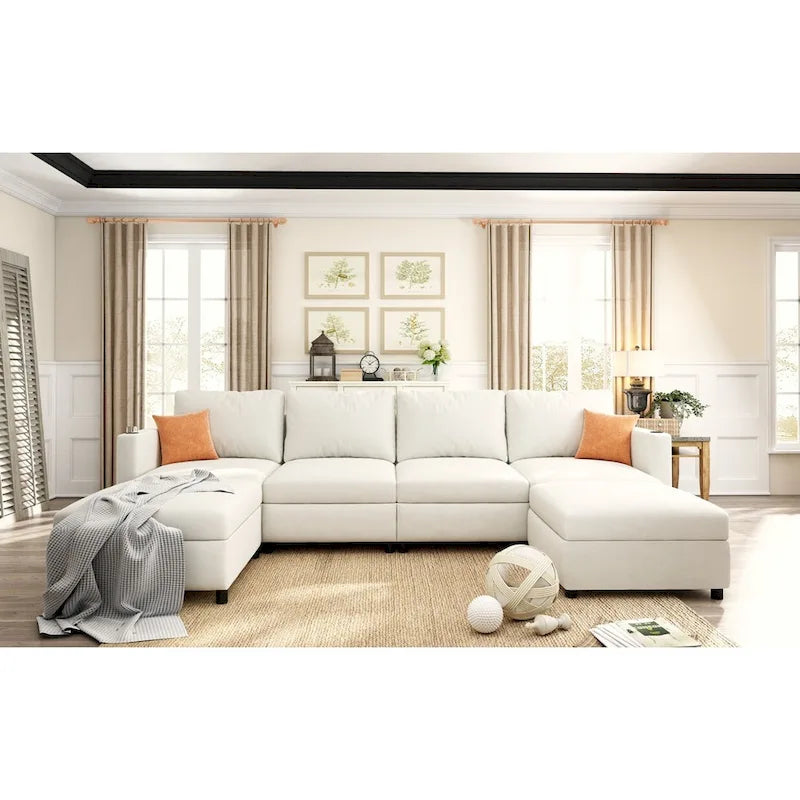White 123 U-Shaped Modular 4 Seater Sectional Sofa with Storage Ottomans, Easy Assembly and Transport