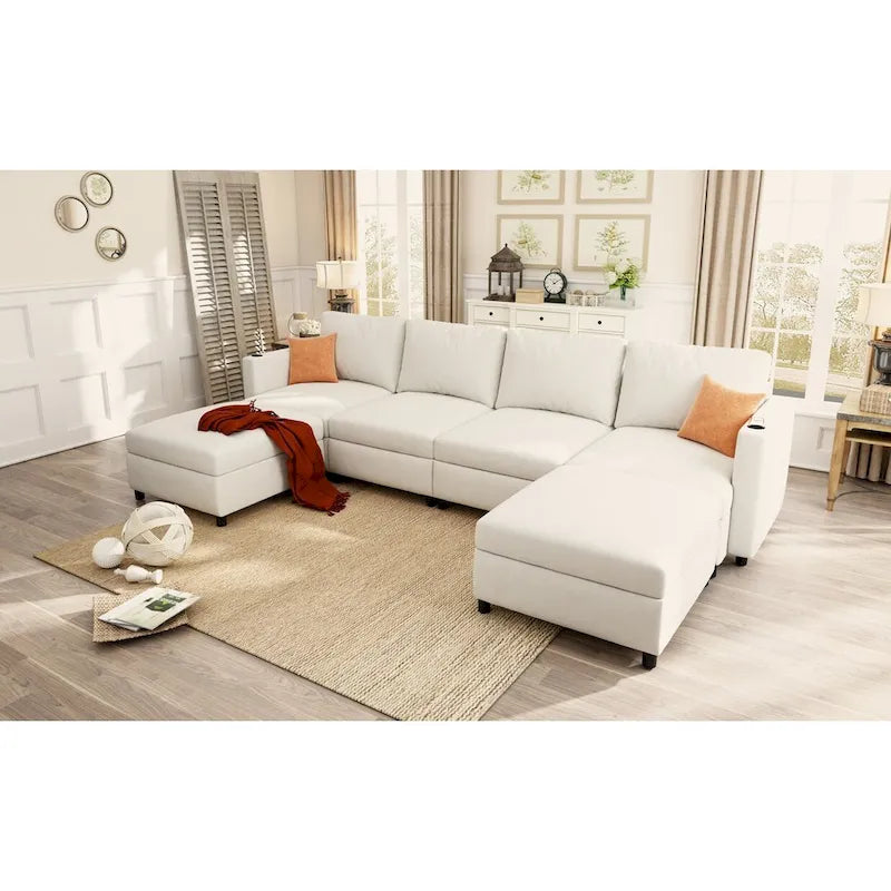 White 123 U-Shaped Modular 4 Seater Sectional Sofa with Storage Ottomans, Easy Assembly and Transport