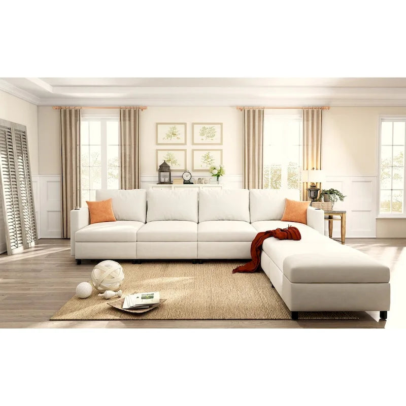 White 123 U-Shaped Modular 4 Seater Sectional Sofa with Storage Ottomans, Easy Assembly and Transport
