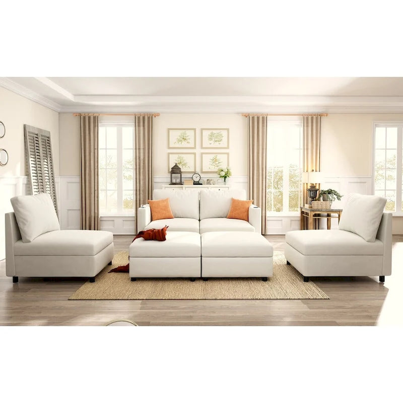 White 123 U-Shaped Modular 4 Seater Sectional Sofa with Storage Ottomans, Easy Assembly and Transport