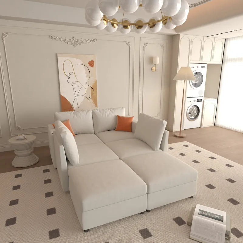 White 123 U-Shaped Modular 4 Seater Sectional Sofa with Storage Ottomans, Easy Assembly and Transport