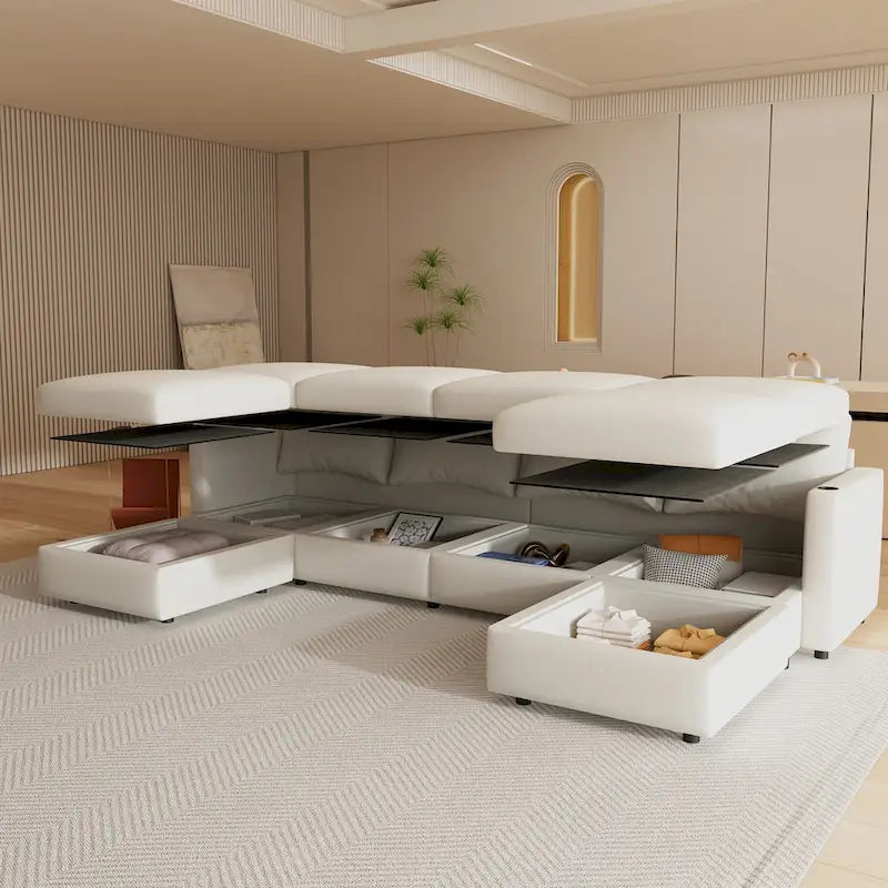 White 123 U-Shaped Modular 4 Seater Sectional Sofa with Storage Ottomans, Easy Assembly and Transport