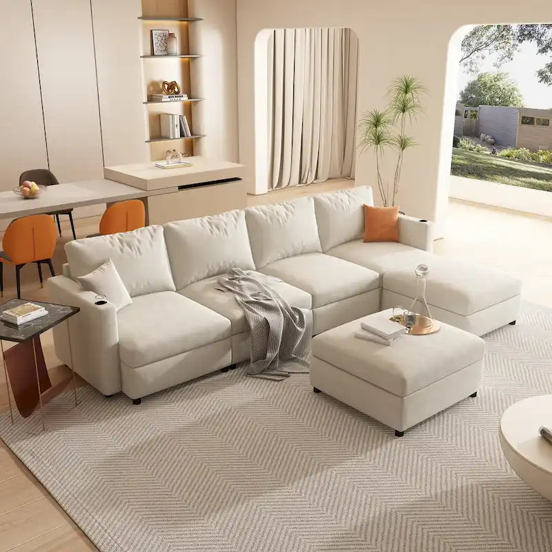White 123 U-Shaped Modular 4 Seater Sectional Sofa with Storage Ottomans, Easy Assembly and Transport