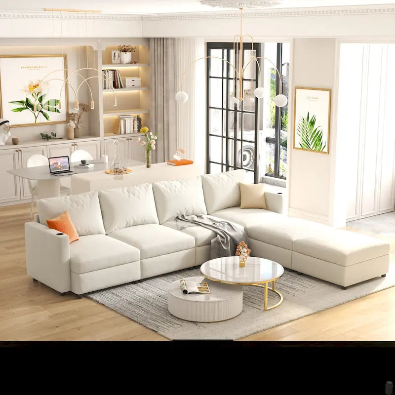 White 123 U-Shaped Modular 4 Seater Sectional Sofa with Storage Ottomans, Easy Assembly and Transport