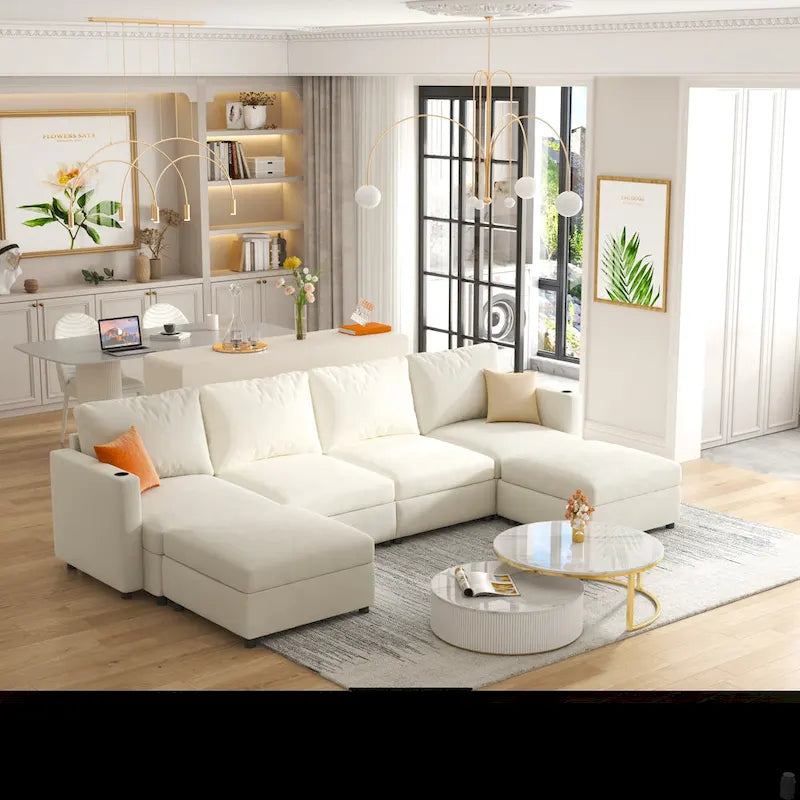 White 123 U-Shaped Modular 4 Seater Sectional Sofa with Storage Ottomans, Easy Assembly and Transport
