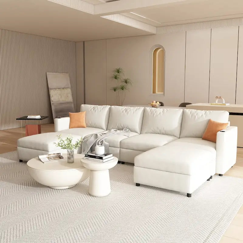 White 123 U-Shaped Modular 4 Seater Sectional Sofa with Storage Ottomans, Easy Assembly and Transport