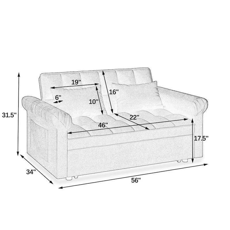 56 Foam 2-Seater Sofa Bed with Pull-Out Sleeper and Adjustable Backrest