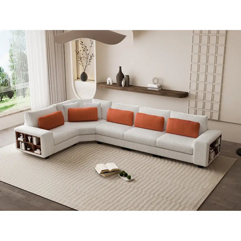 142 L-Shaped 5-Seater Modular Sectional Sofa with Pillow, Wooden Armrests, and Versatile Storage Shelves